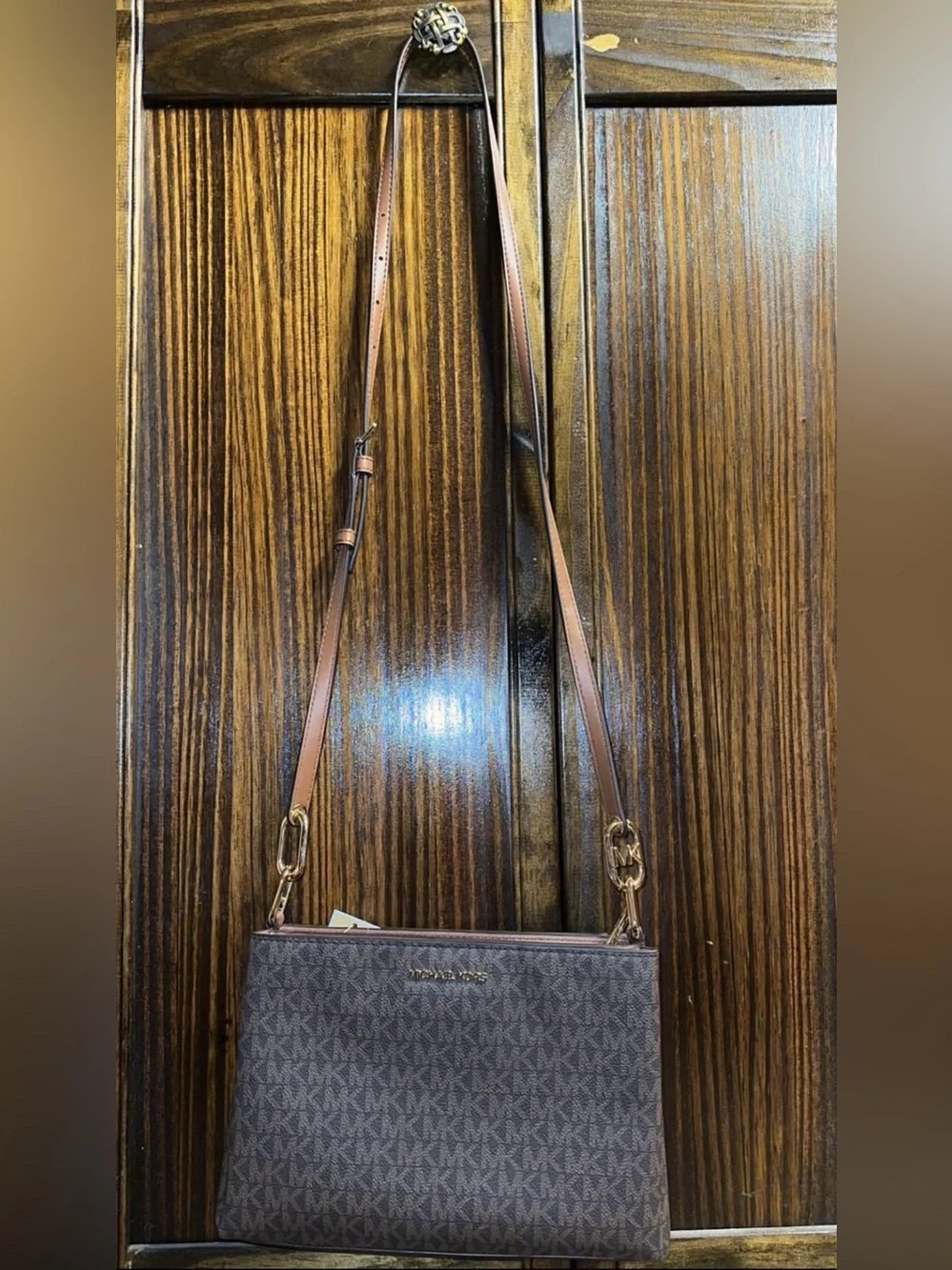 Michael Kors Brown MK Signature Crossbody with Gold Hardware